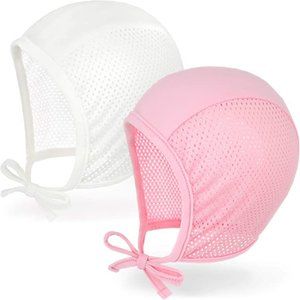 JELLYTREE Baby Caps: Soft Mesh Summer Bonnets - One Pink, One White - Sz 6-18m
